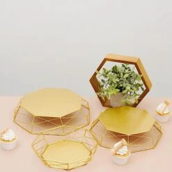 3 Pcs Octagon Geometric Metal Cake Stands Dessert Riser - Gold 15 3 Pcs Octagon Geometric Metal Cake Stands Dessert Riser - Gold -Optimal Home Decoration 3 pcs metal octagon base cake stands gold chdlr cake14 set gold 28617044688959