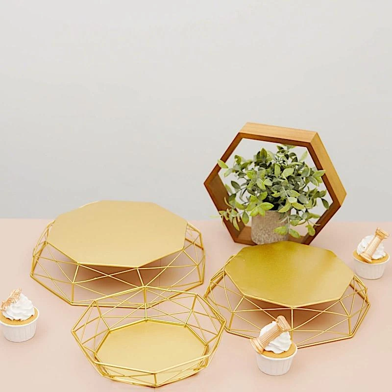 3 Pcs Octagon Geometric Metal Cake Stands Dessert Riser - Gold 7 3 Pcs Octagon Geometric Metal Cake Stands Dessert Riser - Gold - Image 5