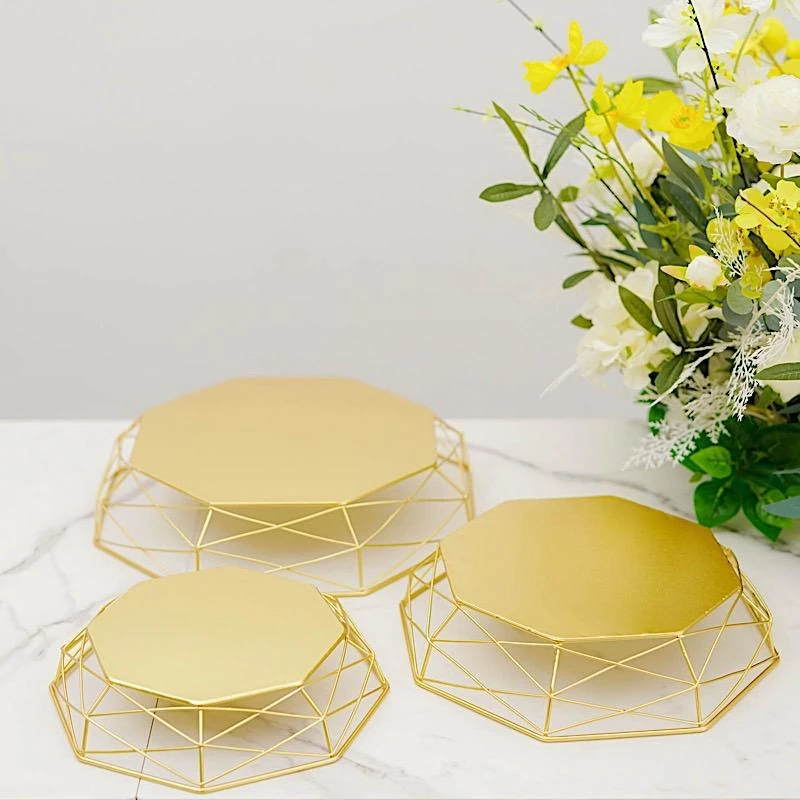 3 Pcs Octagon Geometric Metal Cake Stands Dessert Riser - Gold 10 3 Pcs Octagon Geometric Metal Cake Stands Dessert Riser - Gold - Image 8