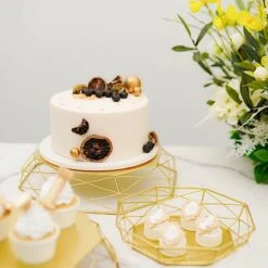 3 Pcs Octagon Geometric Metal Cake Stands Dessert Riser - Gold 17 3 Pcs Octagon Geometric Metal Cake Stands Dessert Riser - Gold -Optimal Home Decoration 3 pcs metal octagon base cake stands gold chdlr cake14 set gold 28617097248831