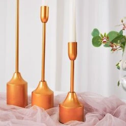 3 Taper Candle Holders Candlestick With Heavy Metal Base - Gold -Optimal Home Decoration 3 pcs metal taper candlestick holders gold iron cand tp010 set gold 29179128938559