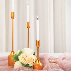 3 Taper Candle Holders Candlestick With Heavy Metal Base - Gold -Optimal Home Decoration 3 pcs metal taper candlestick holders gold iron cand tp010 set gold 29179129036863