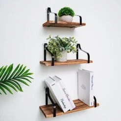 3 Rectangular Metal With Wood Floating Shelves - Natural -Optimal Home Decoration 3 pcs rectangular metal with wood floating shelves natural wod hopshlf flo01 dkbn 29145109037119