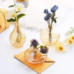 3 Pcs Round Ribbed Glass Flower Vases Centerpieces -Optimal Home Decoration 3 pcs round ribbed glass flower vases centerpieces 28968372568127