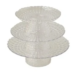 3 Plastic Stackable Dessert Pedestals Pressed Design Cupcake Display Stands Set - Clear
