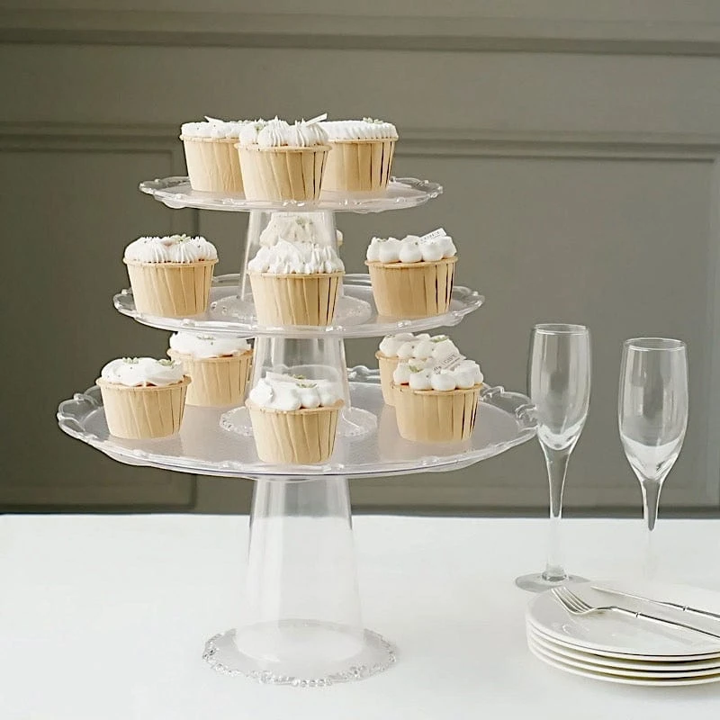 3 Plastic Stackable Dessert Pedestals Round Cupcake Display Stands Set - Clear 7 3 Plastic Stackable Dessert Pedestals Round Cupcake Display Stands Set - Clear - Image 5