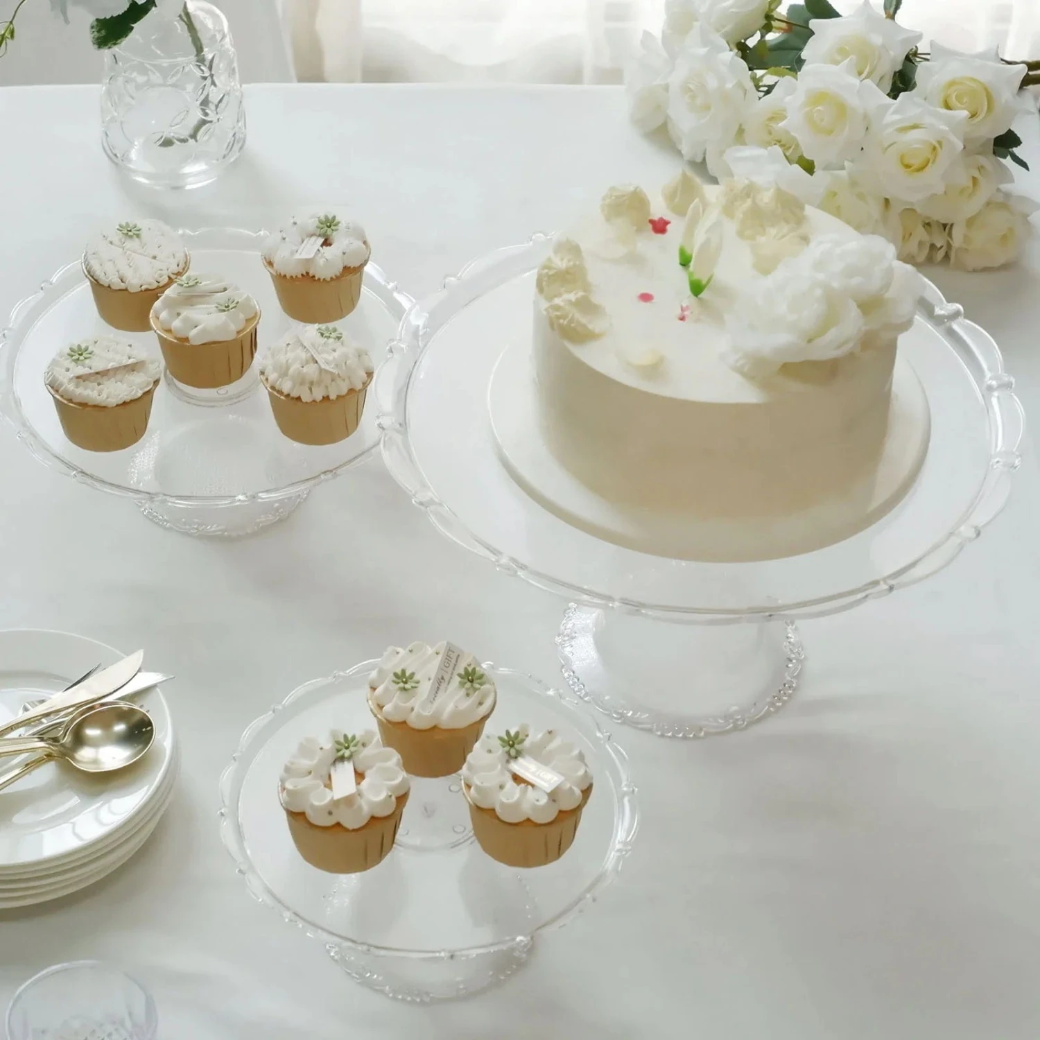 3 Plastic Stackable Dessert Pedestals Round Cupcake Display Stands Set - Clear 6 3 Plastic Stackable Dessert Pedestals Round Cupcake Display Stands Set - Clear - Image 4