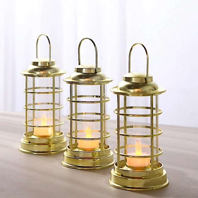 3 Mini 7" Plastic Lantern Lamps With LED Tealight Candles - Gold 12 3 Mini 7" Plastic Lantern Lamps With LED Tealight Candles - Gold - Image 10
