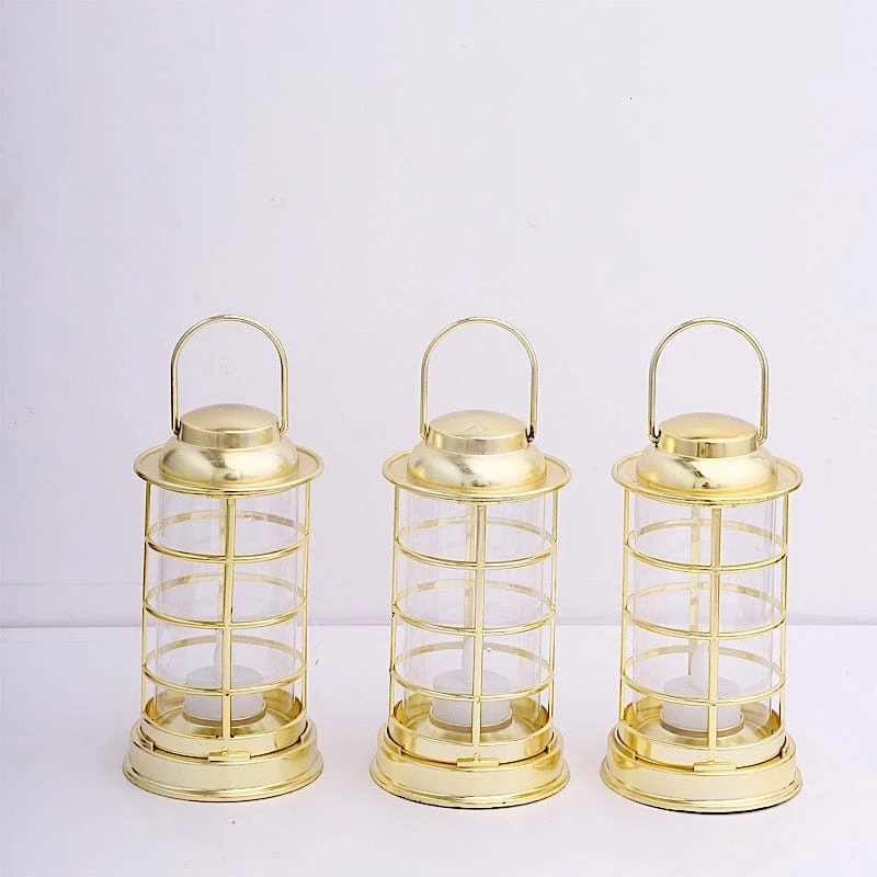 3 Mini 7" Plastic Lantern Lamps With LED Tealight Candles - Gold 13 3 Mini 7" Plastic Lantern Lamps With LED Tealight Candles - Gold - Image 11