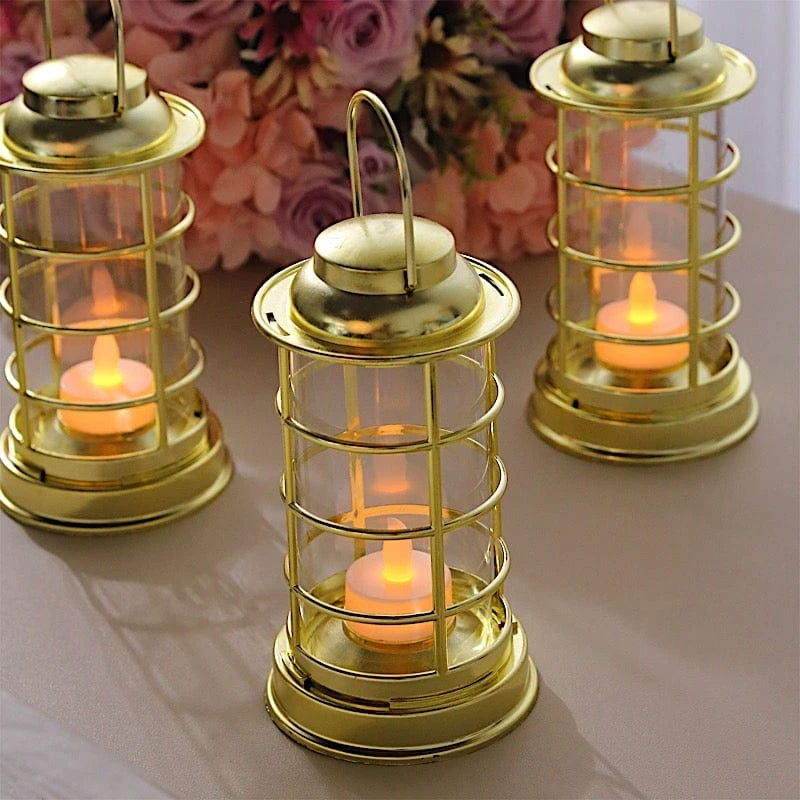 3 Mini 7" Plastic Lantern Lamps With LED Tealight Candles - Gold 5 3 Mini 7" Plastic Lantern Lamps With LED Tealight Candles - Gold - Image 3