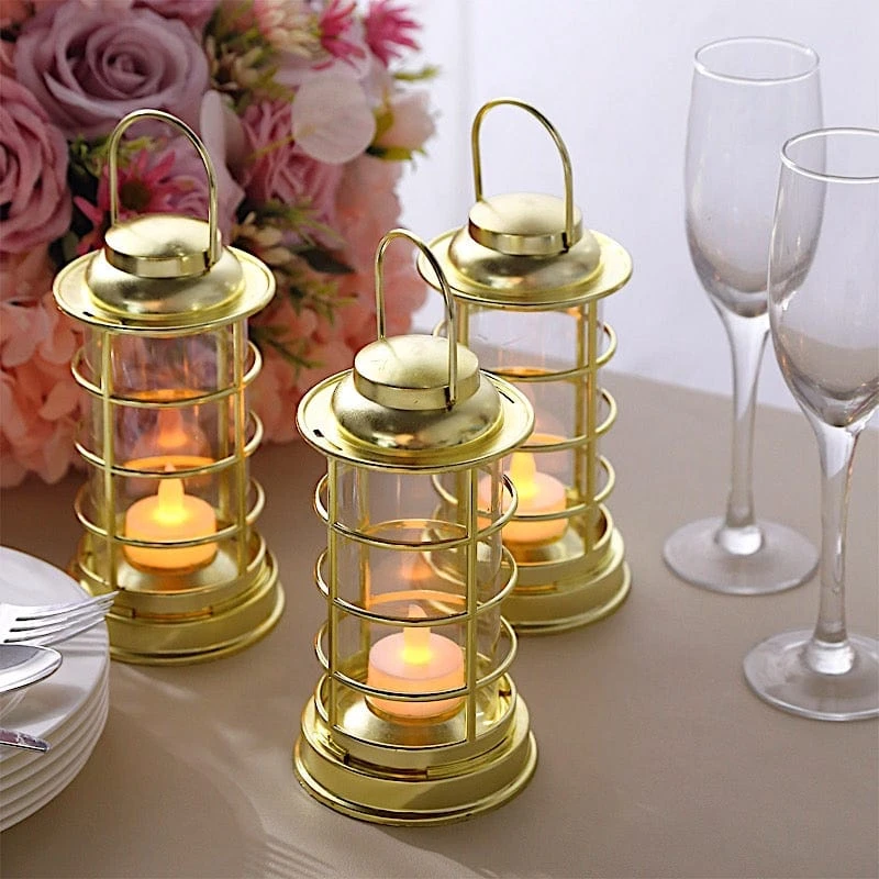 3 Mini 7" Plastic Lantern Lamps With LED Tealight Candles - Gold 11 3 Mini 7" Plastic Lantern Lamps With LED Tealight Candles - Gold - Image 9