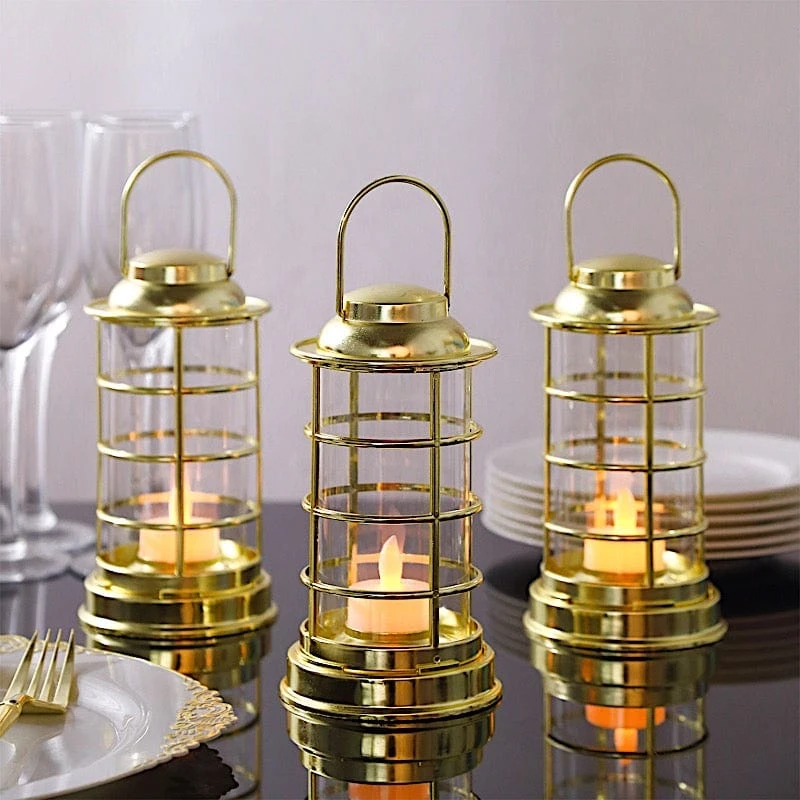 3 Mini 7" Plastic Lantern Lamps With LED Tealight Candles - Gold 9 3 Mini 7" Plastic Lantern Lamps With LED Tealight Candles - Gold - Image 7