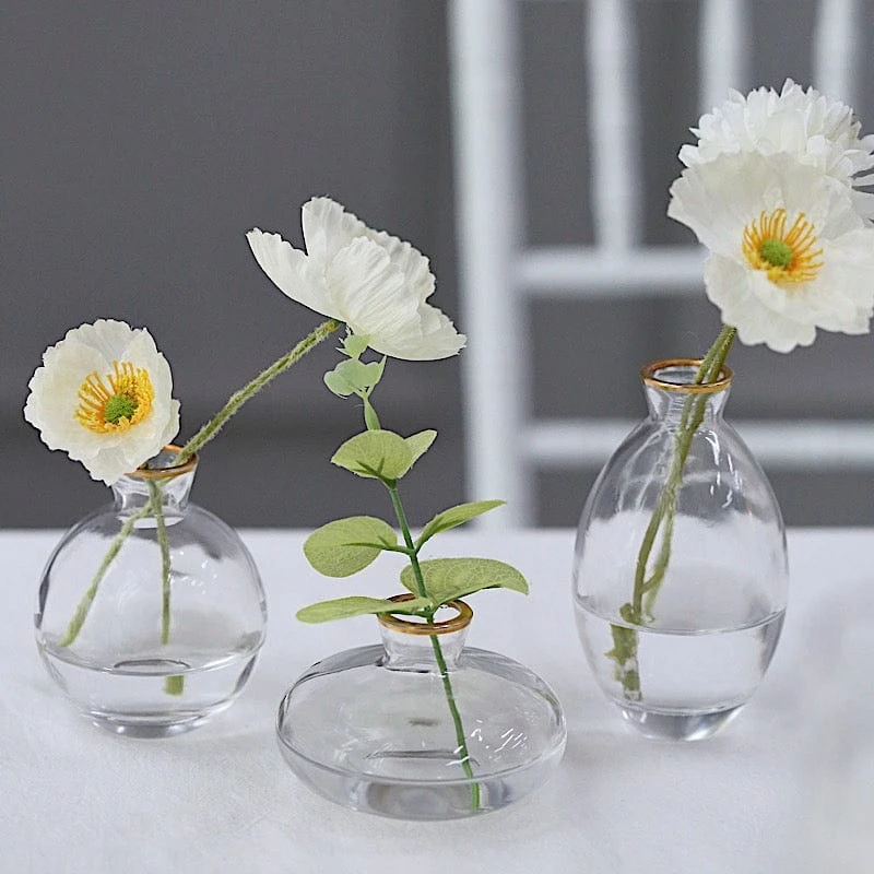 3 Small Glass Flower Vases Centerpieces With Metallic Gold Rim - Clear 6 3 Small Glass Flower Vases Centerpieces With Metallic Gold Rim - Clear - Image 4