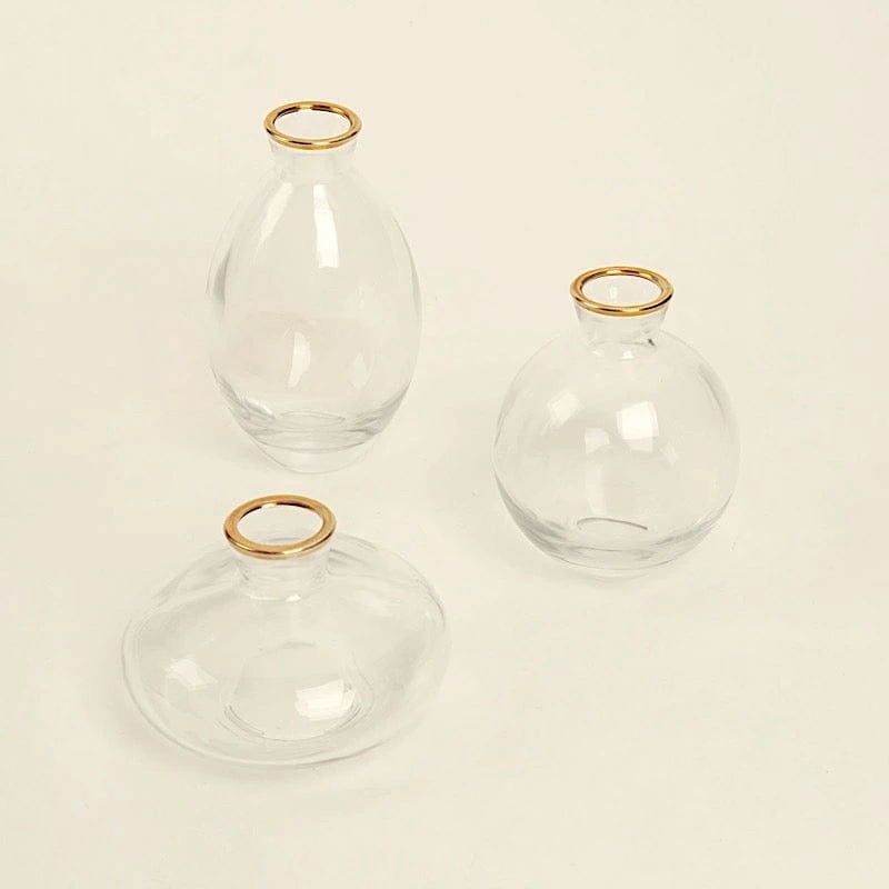 3 Small Glass Flower Vases Centerpieces With Metallic Gold Rim - Clear 9 3 Small Glass Flower Vases Centerpieces With Metallic Gold Rim - Clear - Image 7