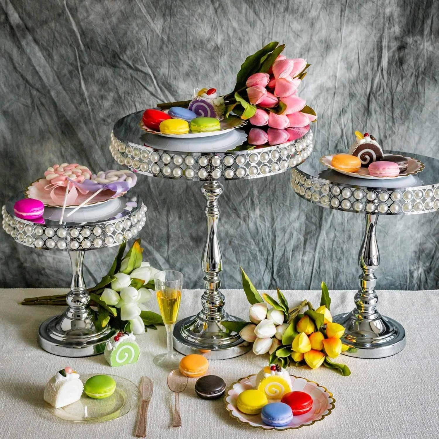 3 Tall Pearl Beaded Metal Cake Stands Risers 4 3 Tall Pearl Beaded Metal Cake Stands Risers - Image 2