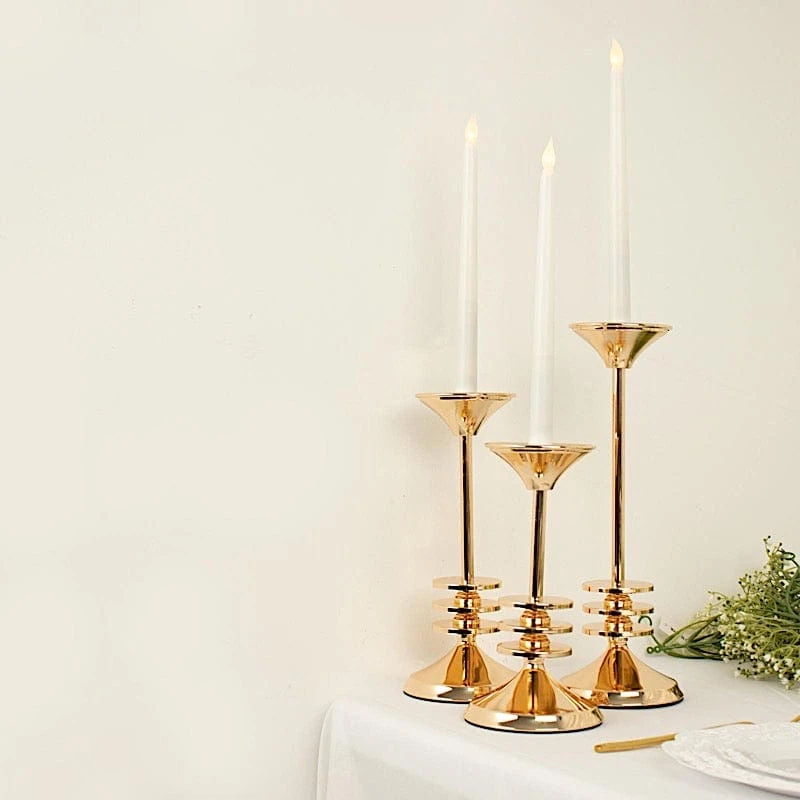 3 Taper Candle Holders 3-Disk Design Pedestal Candlestick Stands - Gold 10 3 Taper Candle Holders 3-Disk Design Pedestal Candlestick Stands - Gold - Image 8
