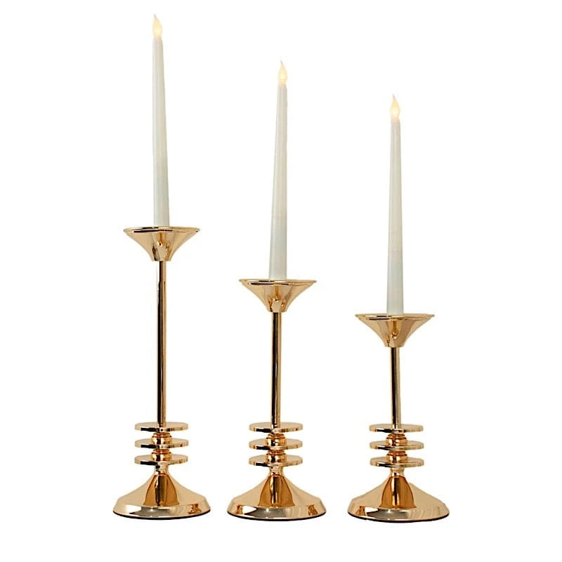 3 Taper Candle Holders 3-Disk Design Pedestal Candlestick Stands - Gold 12 3 Taper Candle Holders 3-Disk Design Pedestal Candlestick Stands - Gold - Image 10