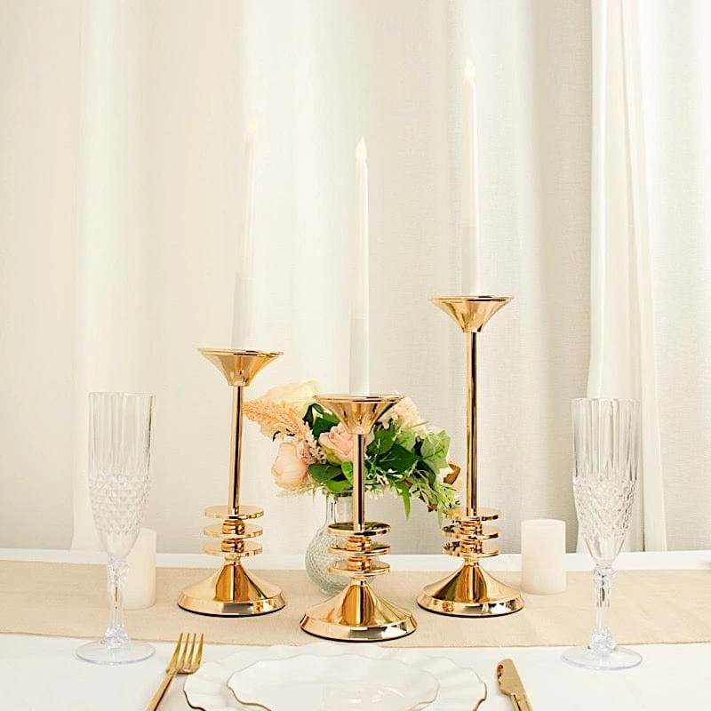 3 Taper Candle Holders 3-Disk Design Pedestal Candlestick Stands - Gold 5 3 Taper Candle Holders 3-Disk Design Pedestal Candlestick Stands - Gold - Image 3