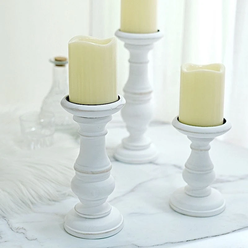3 Wooden Pillar Candle Holders Table Centerpieces Set - White 7 3 Wooden Pillar Candle Holders Table Centerpieces Set - White - Image 5