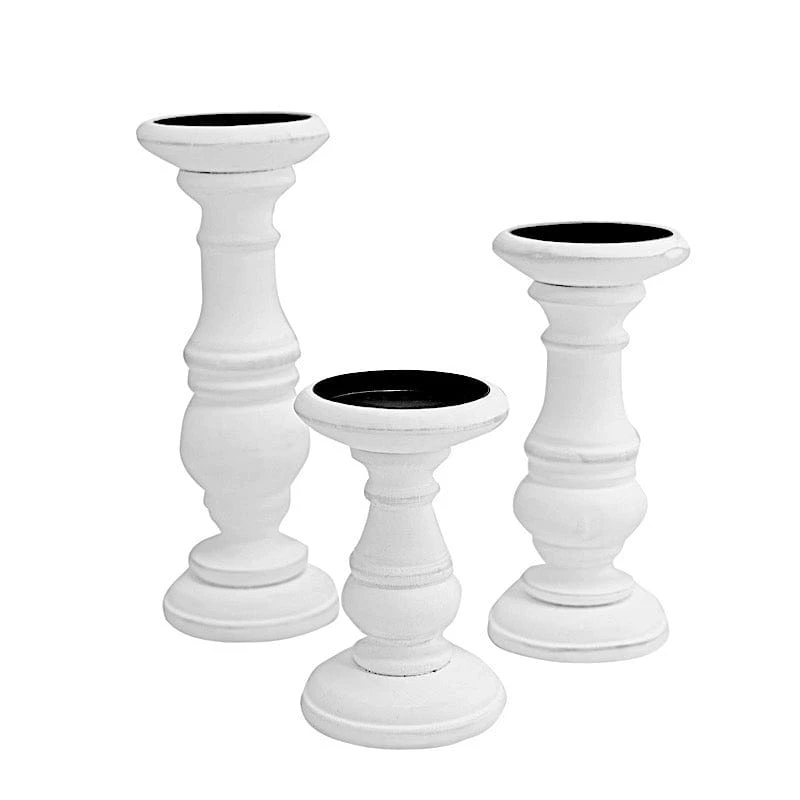 3 Wooden Pillar Candle Holders Table Centerpieces Set - White 3 3 Wooden Pillar Candle Holders Table Centerpieces Set - White