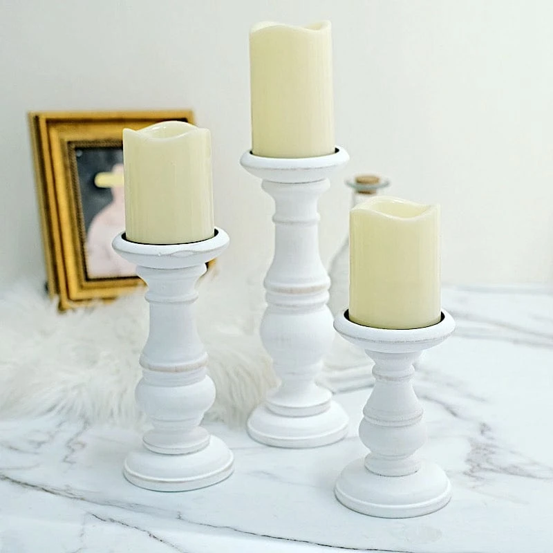 3 Wooden Pillar Candle Holders Table Centerpieces Set - White 8 3 Wooden Pillar Candle Holders Table Centerpieces Set - White - Image 6