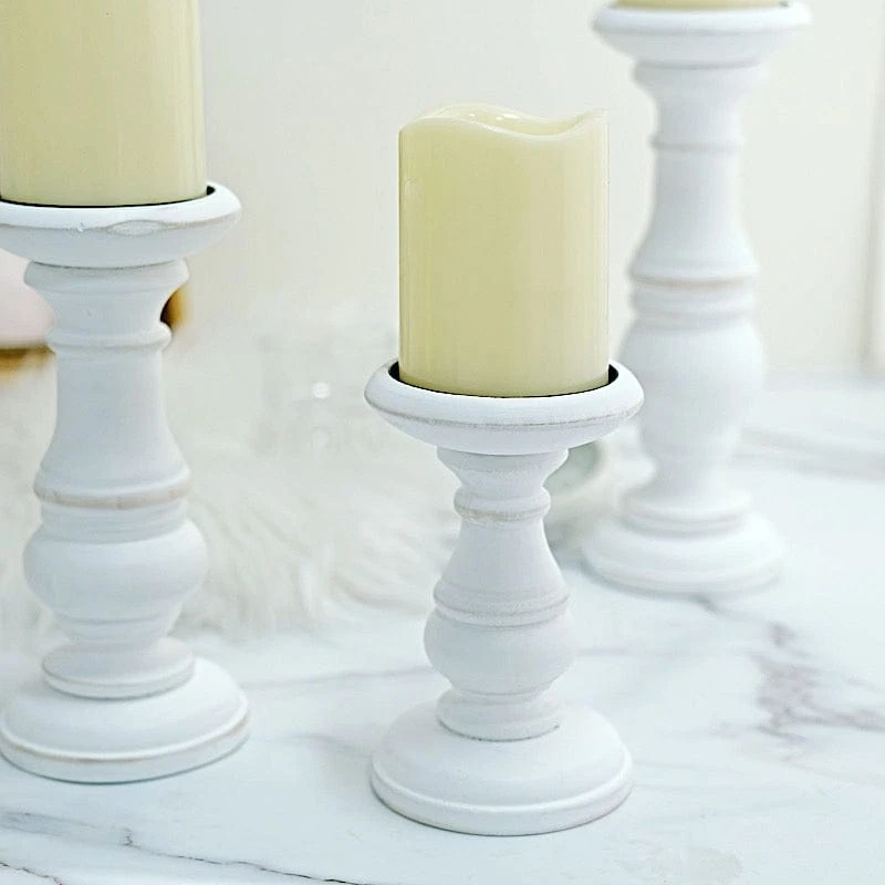 3 Wooden Pillar Candle Holders Table Centerpieces Set - White 10 3 Wooden Pillar Candle Holders Table Centerpieces Set - White - Image 8