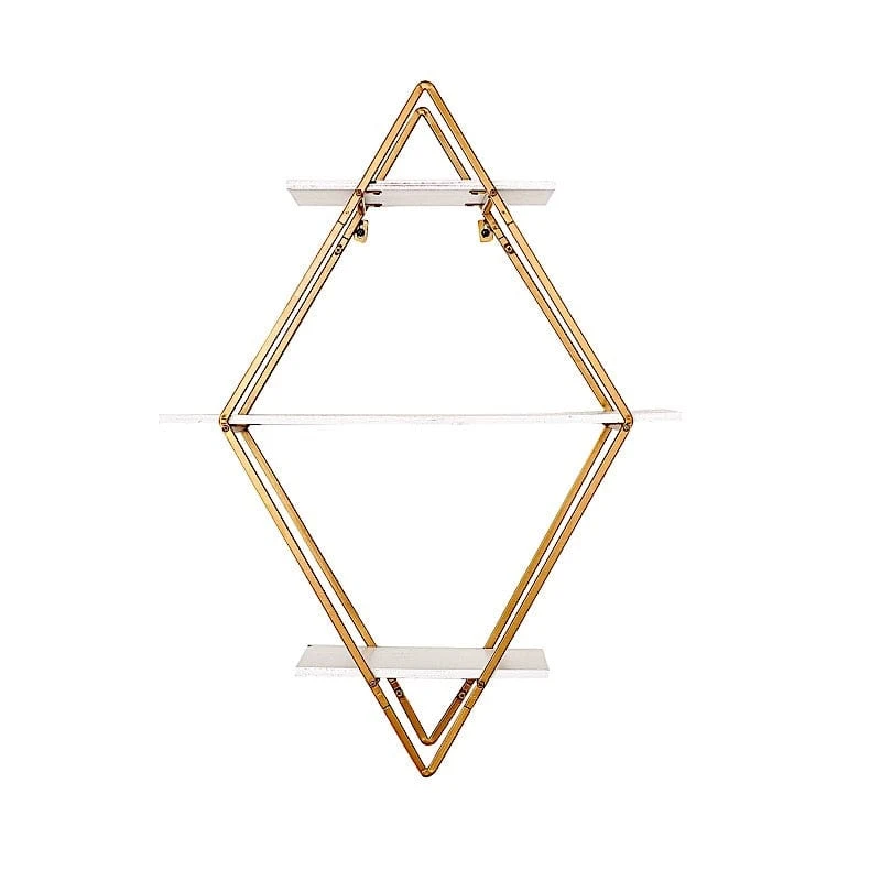31" Diamond 3 Tier Metal With Wood Geometric Hanging Shelf - White And Gold 5 31" Diamond 3 Tier Metal With Wood Geometric Hanging Shelf - White And Gold - Image 3