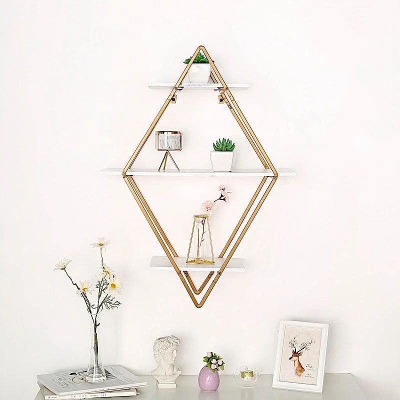 31" Diamond 3 Tier Metal With Wood Geometric Hanging Shelf - White And Gold 8 31" Diamond 3 Tier Metal With Wood Geometric Hanging Shelf - White And Gold - Image 6