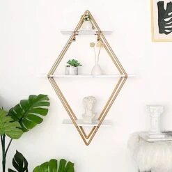 31" Diamond 3 Tier Metal With Wood Geometric Hanging Shelf - White And Gold 19 31" Diamond 3 Tier Metal With Wood Geometric Hanging Shelf - White And Gold -Optimal Home Decoration 31 diamond 3 tier metal with wood geometric hanging shelf white and gold wod hopshlf dia01 gold 29952519503935