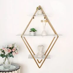 31" Diamond 3 Tier Metal With Wood Geometric Hanging Shelf - White And Gold 17 31" Diamond 3 Tier Metal With Wood Geometric Hanging Shelf - White And Gold -Optimal Home Decoration 31 diamond 3 tier metal with wood geometric hanging shelf white and gold wod hopshlf dia01 gold 29952519536703