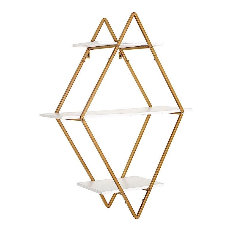 31" Diamond 3 Tier Metal With Wood Geometric Hanging Shelf - White And Gold 3 31" Diamond 3 Tier Metal With Wood Geometric Hanging Shelf - White And Gold