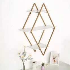 31" Diamond 3 Tier Metal With Wood Geometric Hanging Shelf - White And Gold 14 31" Diamond 3 Tier Metal With Wood Geometric Hanging Shelf - White And Gold -Optimal Home Decoration 31 diamond 3 tier metal with wood geometric hanging shelf white and gold wod hopshlf dia01 gold 29952519667775