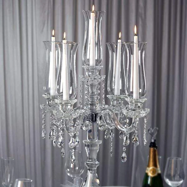 32" Tall 5 Arm Crystal Glass Candelabra Hurricane Taper Candle Holder - Clear 7 32" Tall 5 Arm Crystal Glass Candelabra Hurricane Taper Candle Holder - Clear - Image 5