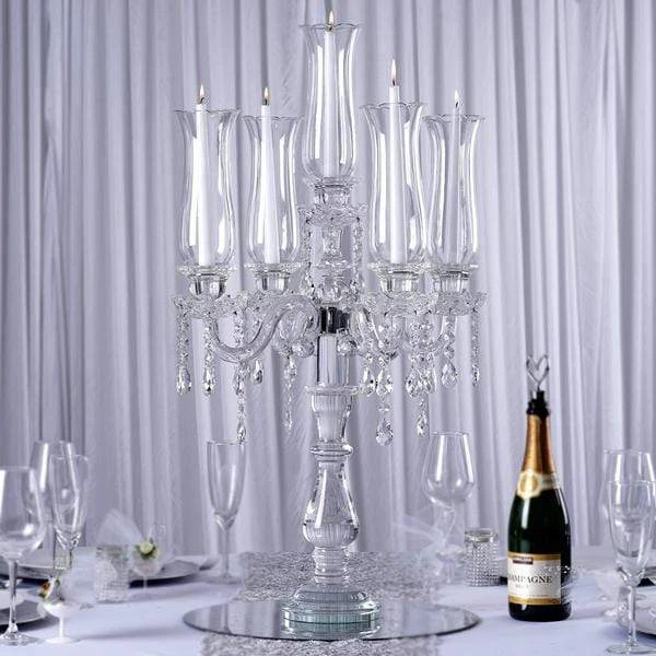 32" Tall 5 Arm Crystal Glass Candelabra Hurricane Taper Candle Holder - Clear 6 32" Tall 5 Arm Crystal Glass Candelabra Hurricane Taper Candle Holder - Clear - Image 4