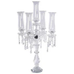 32" Tall 5 Arm Crystal Glass Candelabra Hurricane Taper Candle Holder - Clear