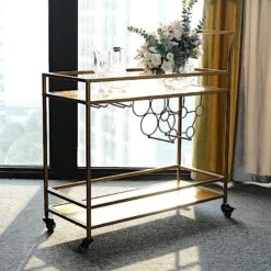 3 Feet Tall 2-Tier Rectangular Metal Bar Cart With Wooden Serving Trays - Gold 26 3 Feet Tall 2-Tier Rectangular Metal Bar Cart With Wooden Serving Trays - Gold -Optimal Home Decoration 3ft tall 2 tier rectangular metal bar cart with wooden serving trays gold furn cart 003 gold 29504900137023