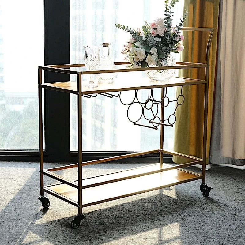3 Feet Tall 2-Tier Rectangular Metal Bar Cart With Wooden Serving Trays - Gold 14 3 Feet Tall 2-Tier Rectangular Metal Bar Cart With Wooden Serving Trays - Gold - Image 12