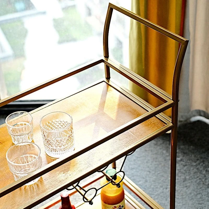 3 Feet Tall 2-Tier Rectangular Metal Bar Cart With Wooden Serving Trays - Gold 10 3 Feet Tall 2-Tier Rectangular Metal Bar Cart With Wooden Serving Trays - Gold - Image 8