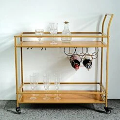 3 Feet Tall 2-Tier Rectangular Metal Bar Cart With Wooden Serving Trays - Gold 21 3 Feet Tall 2-Tier Rectangular Metal Bar Cart With Wooden Serving Trays - Gold -Optimal Home Decoration 3ft tall 2 tier rectangular metal bar cart with wooden serving trays gold furn cart 003 gold 29504900300863