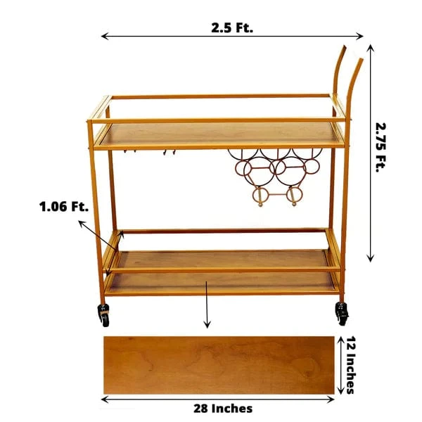 3 Feet Tall 2-Tier Rectangular Metal Bar Cart With Wooden Serving Trays - Gold 4 3 Feet Tall 2-Tier Rectangular Metal Bar Cart With Wooden Serving Trays - Gold - Image 2