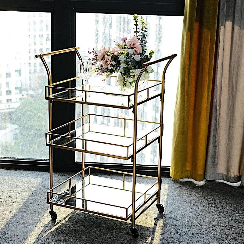 3 Feet Tall 3-Tier Rectangular Metal Bar Cart With Mirror Glass Serving Trays - Gold 13 3 Feet Tall 3-Tier Rectangular Metal Bar Cart With Mirror Glass Serving Trays - Gold - Image 11