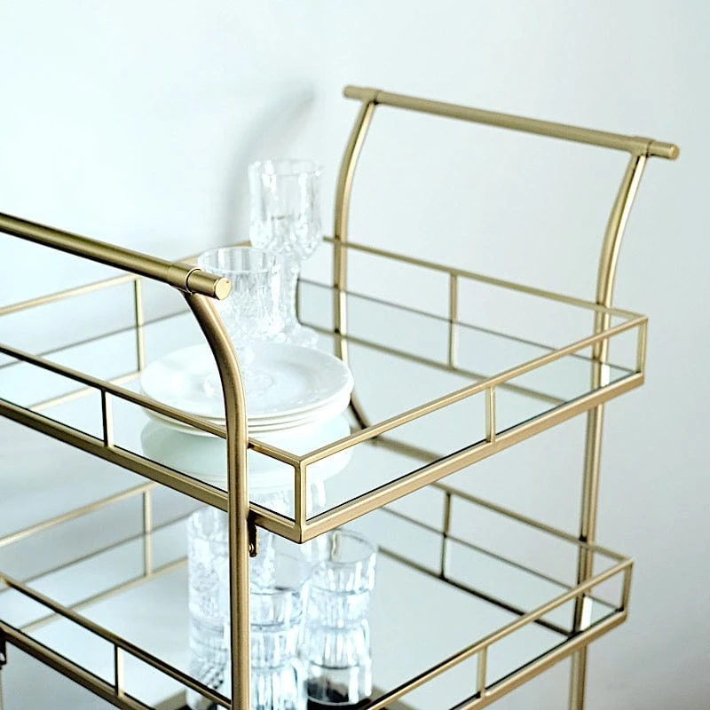3 Feet Tall 3-Tier Rectangular Metal Bar Cart With Mirror Glass Serving Trays - Gold 8 3 Feet Tall 3-Tier Rectangular Metal Bar Cart With Mirror Glass Serving Trays - Gold - Image 6