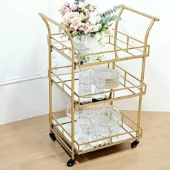 3 Feet Tall 3-Tier Rectangular Metal Bar Cart With Mirror Glass Serving Trays - Gold 21 3 Feet Tall 3-Tier Rectangular Metal Bar Cart With Mirror Glass Serving Trays - Gold -Optimal Home Decoration 3ft tall 3 tier rectangular metal bar cart with mirror glass serving trays gold furn cart 002 gold 29503866634303