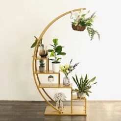4.5 Ft Metal 4 Tier Half Moon Ladder Display Stand Plant Shelf Rack - Gold 16 4.5 Ft Metal 4 Tier Half Moon Ladder Display Stand Plant Shelf Rack - Gold -Optimal Home Decoration 4 5 ft metal 4 tier half moon ladder display stand plant shelf rack gold furn stnd 002 gold 30466742190143