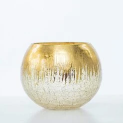 4.5" Tall Round Crackle Glass Candle Holder Vase - Gold