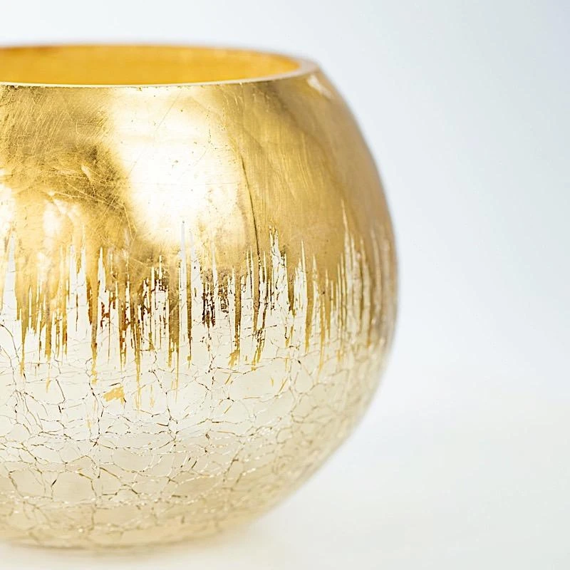 4.5" Tall Round Crackle Glass Candle Holder Vase - Gold 5 4.5" Tall Round Crackle Glass Candle Holder Vase - Gold - Image 3