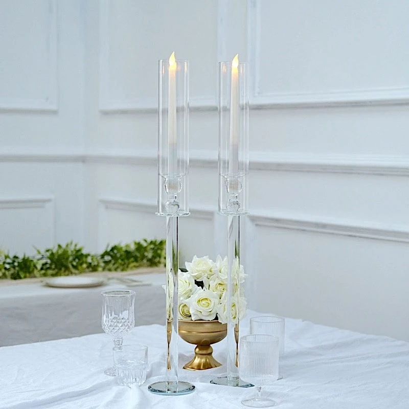 4 Crystal Hurricane Taper Candle Holders With Cylinder Glass Shades - Clear 4 4 Crystal Hurricane Taper Candle Holders With Cylinder Glass Shades - Clear - Image 2