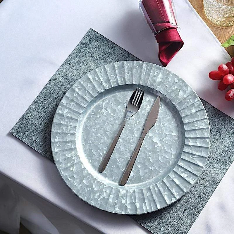 4 Pcs 13" Round With Ruffled Rim Galvanized Metal Charger Plates - Silver 7 4 Pcs 13" Round With Ruffled Rim Galvanized Metal Charger Plates - Silver - Image 5