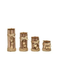 4 Pcs Assorted Wood Candle Holders With String Ribbons And Stars - Natural