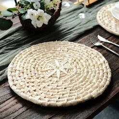 4 Round 15" Corn Husk Woven Placemats Rustic Tablemats - Natural -Optimal Home Decoration 4 round 15 corn husk woven placemats rustic tablemats natural plmat jute02 nat 30124880265279